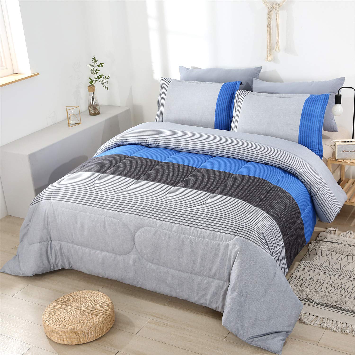 Perfemet Blue Striped Comforter Set Queen Size, 3Pcs Blue And Grey Patchwork Comforter Bedding Set, Soft Lightweight Down Altern